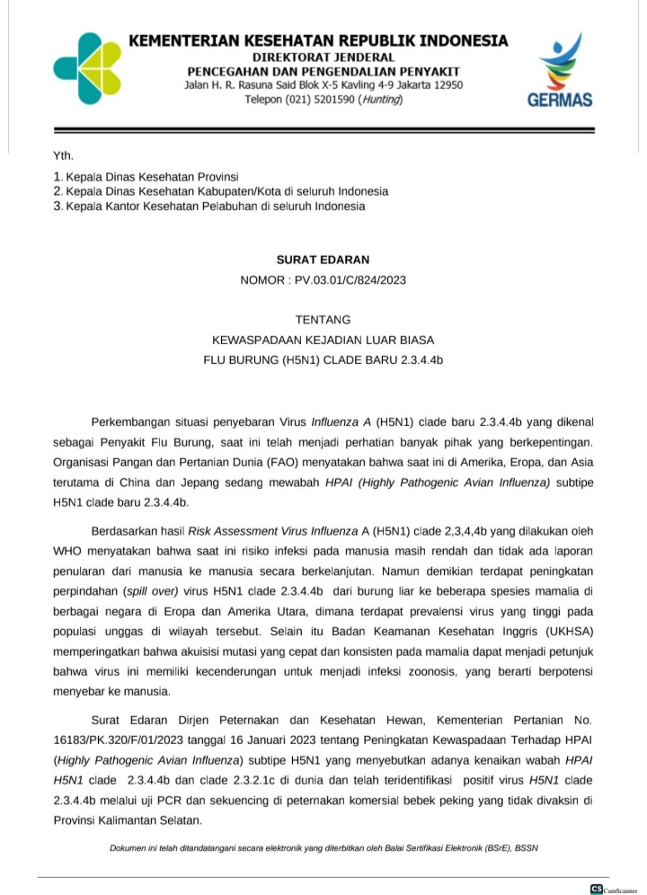 Kemenkes RI Keluarkan Surat Edaran Tentang Bahaya Flu Burung